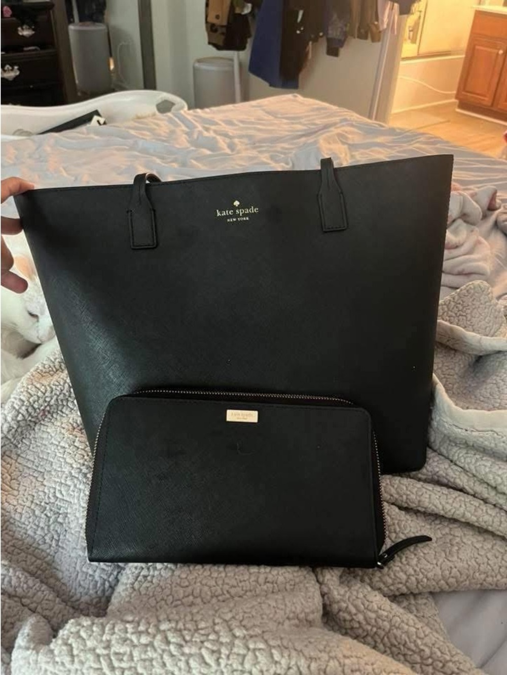 kate spade Black Leather Tote with Matching Zip Wallet